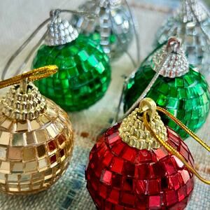 Set of 6 Mini Disco Ball Christmas Ornaments – Red, Green, Silver & Gold